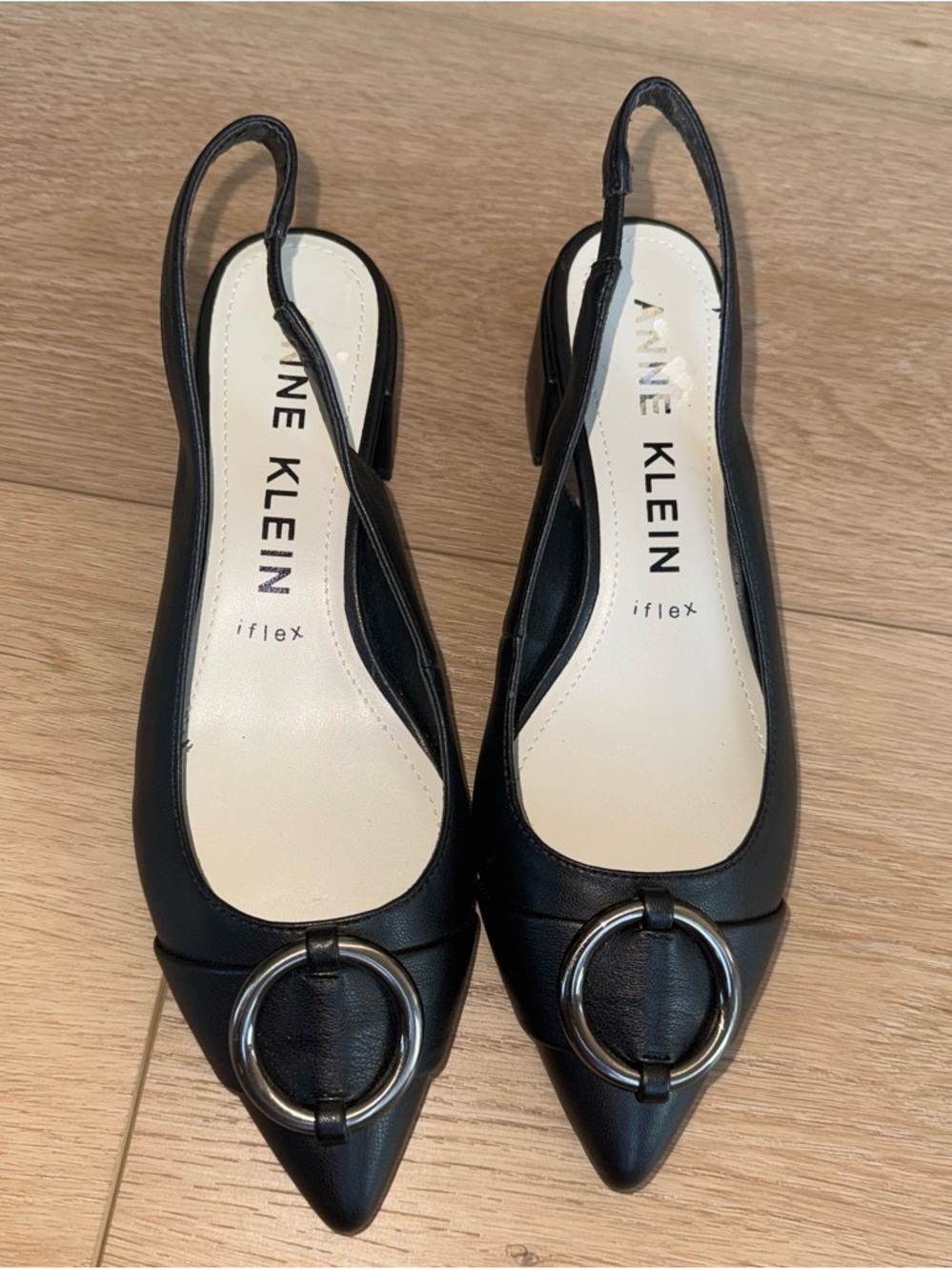 Anne Klein Black Pointed Slingback Flats with Silver Ring Accent